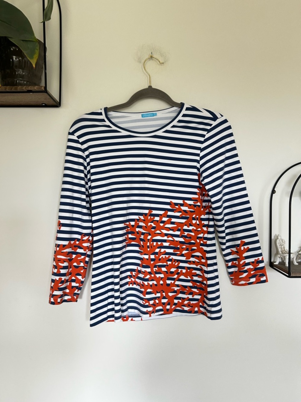 J.McLaughlin Blue & White Striped Coral Print 3/4 Sleeve Shirt Blouse Top Small‎